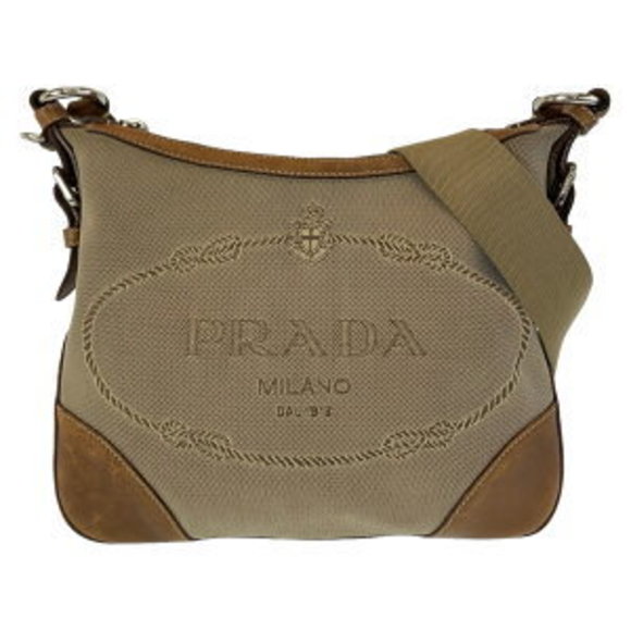 PRADA Logo Jacquard Beige Brown Crossbody - Picture 1 of 9